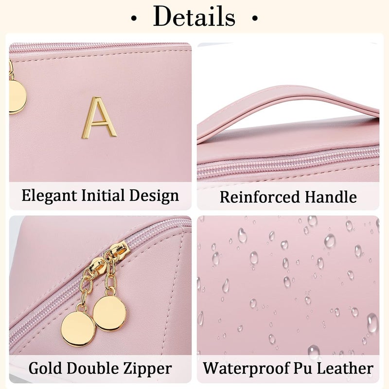 CLOUDWINGS Birthday Gifts for Women Teen Girl, Personalized Initial Makeup Organizer Bag Set, Open Flat Travel Cosmetic Bag With Clear Divider and Handle(Pink,A) - Image 4